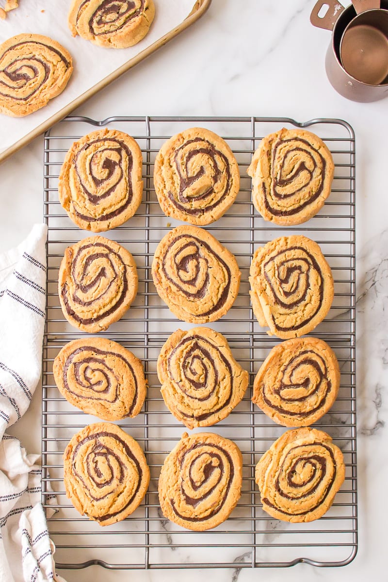chocolate swirled peanut butter cookies on a cooling rack