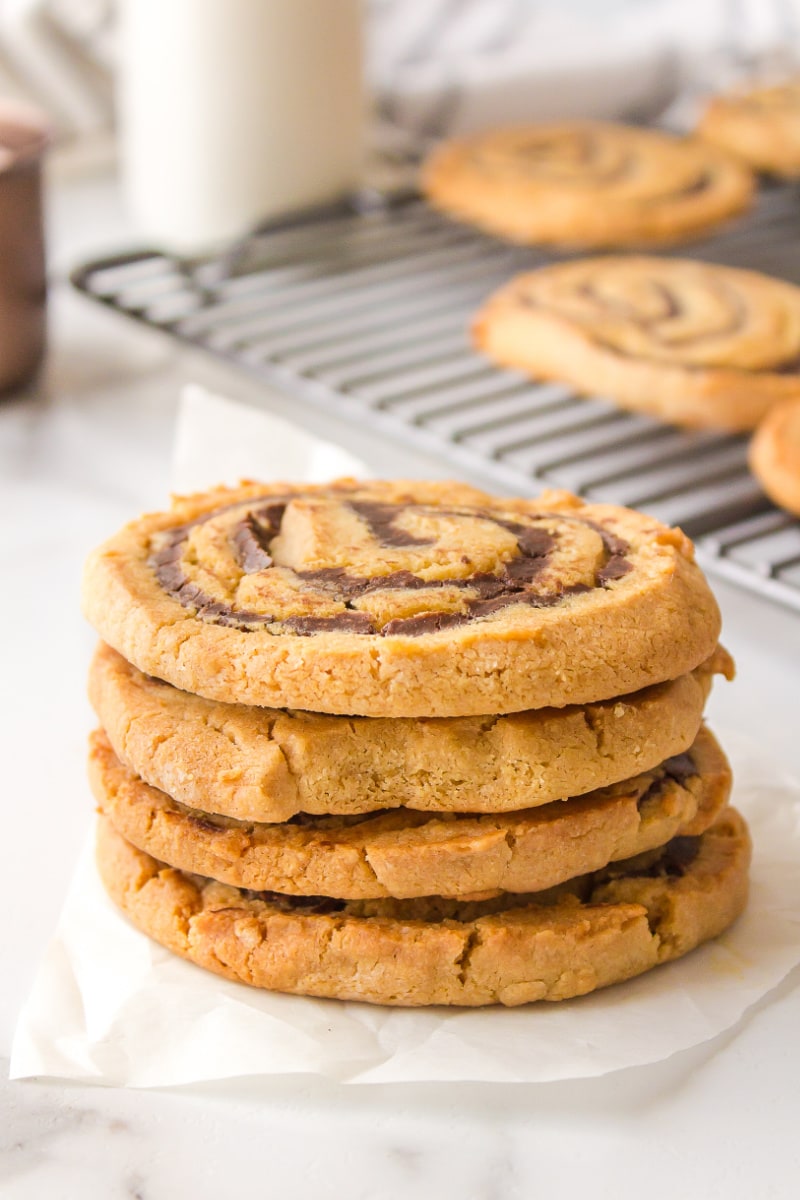 stack of four chocolate swirled peanut butter cookies