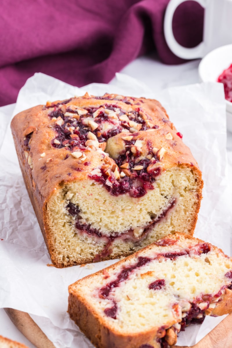 loaf of cranberry bread cut open