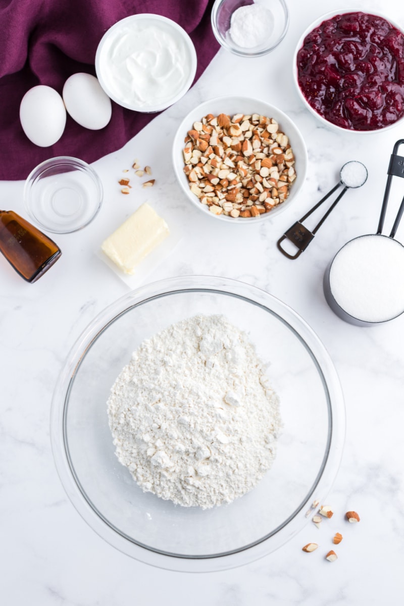 ingredients displayed for making cranberry almond swirl bread