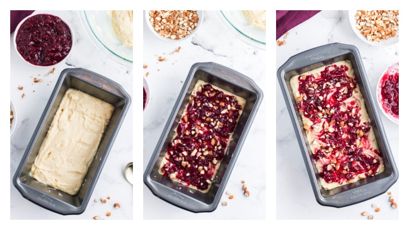 three photos showing process of putting together the batter in pan for cranberry bread