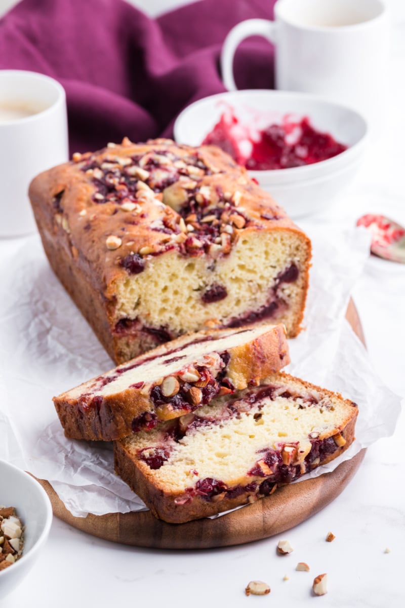 loaf of cranberry bread cut into slices