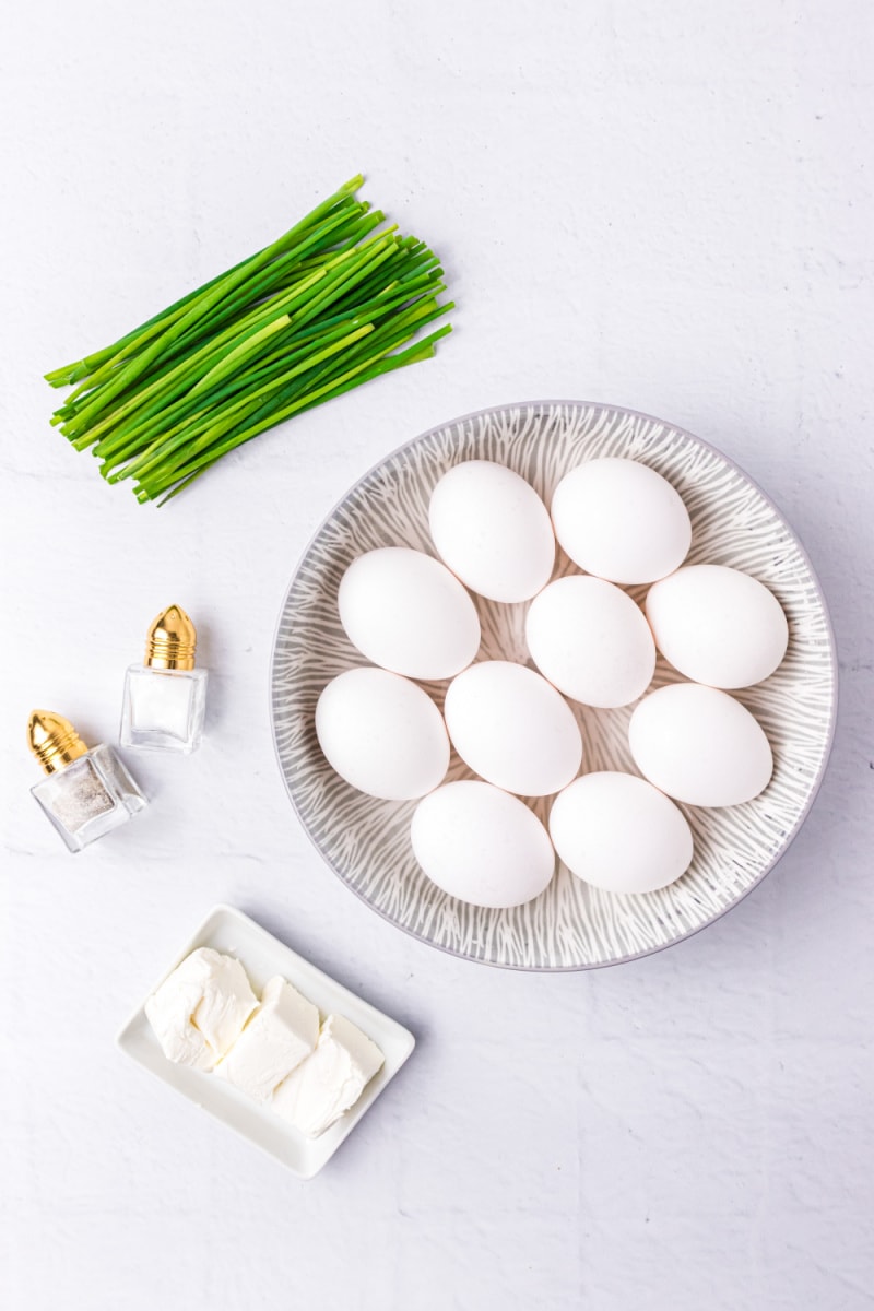 ingredients displayed for making creamy scrambled eggs