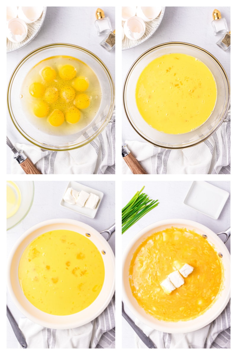 four photos showing how to make creamy scrambled eggs