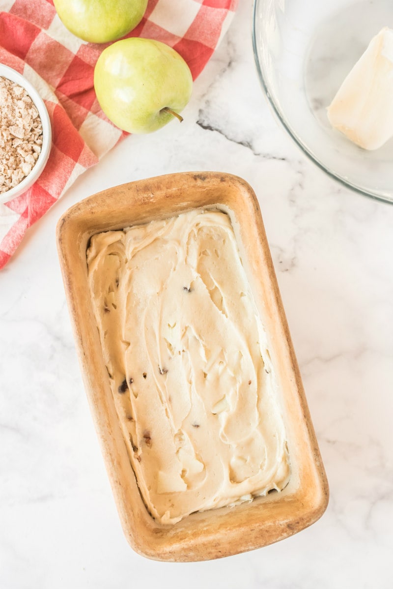 apple bread batter in loaf pan