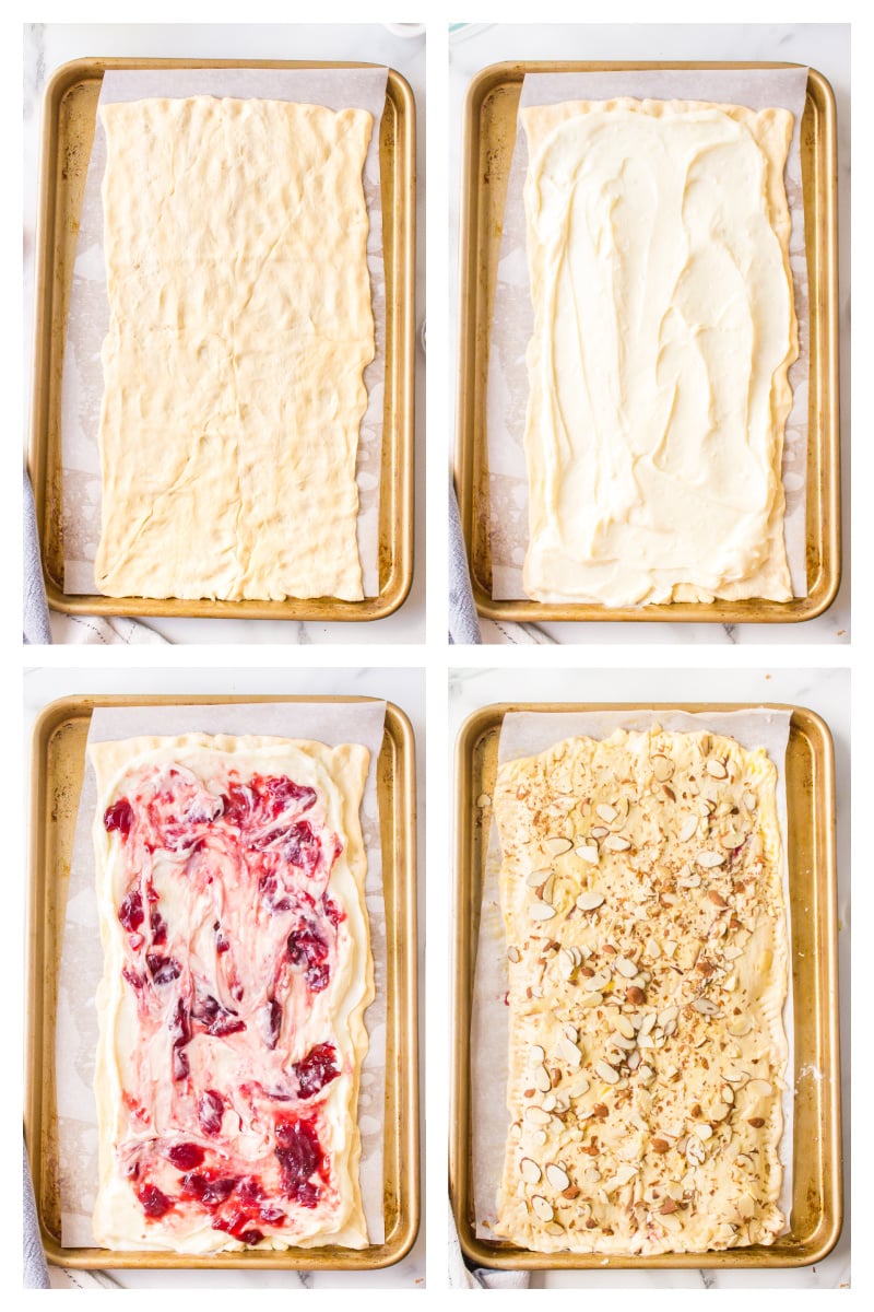 four photos showing how to assemble an easy cheese danish for baking