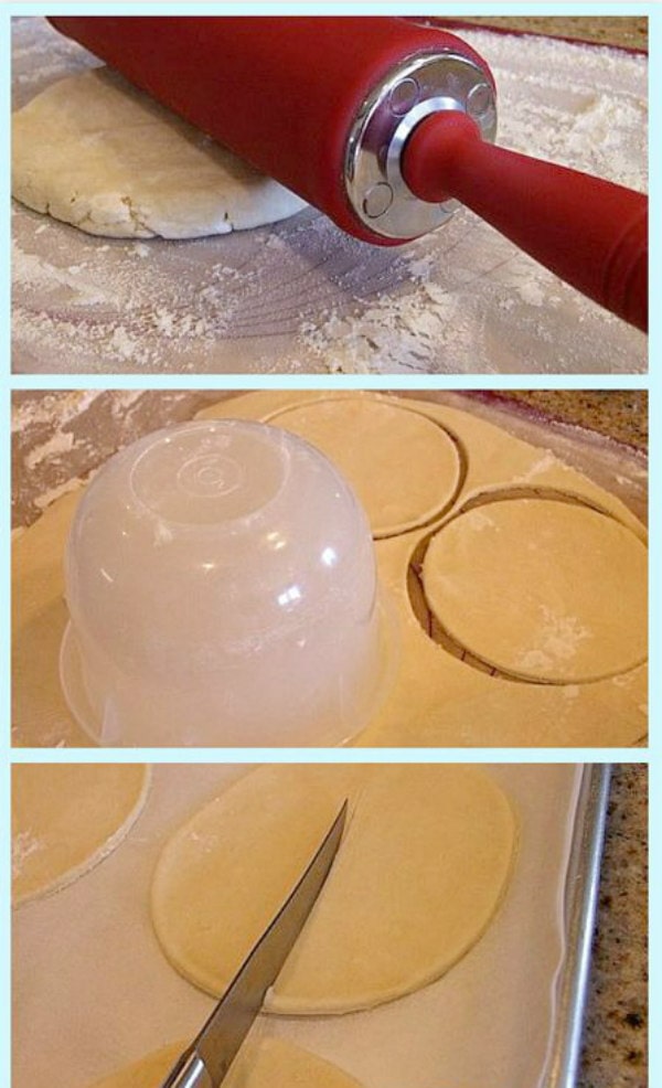 showing process of rolling dough for turnovers- red rolling pin rolling out, using a tupperware to cut the round shapes, and then using a knife to mark the diameter of the round pastry