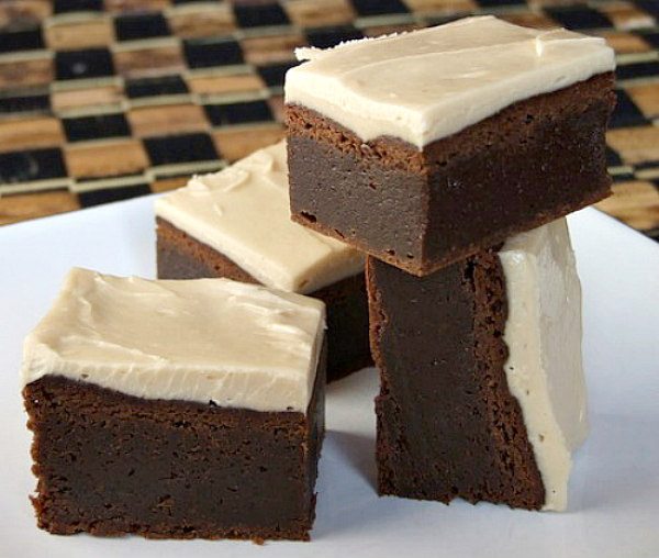 stack of Kahlua Brownies with Browned Butter Kahlua Icing