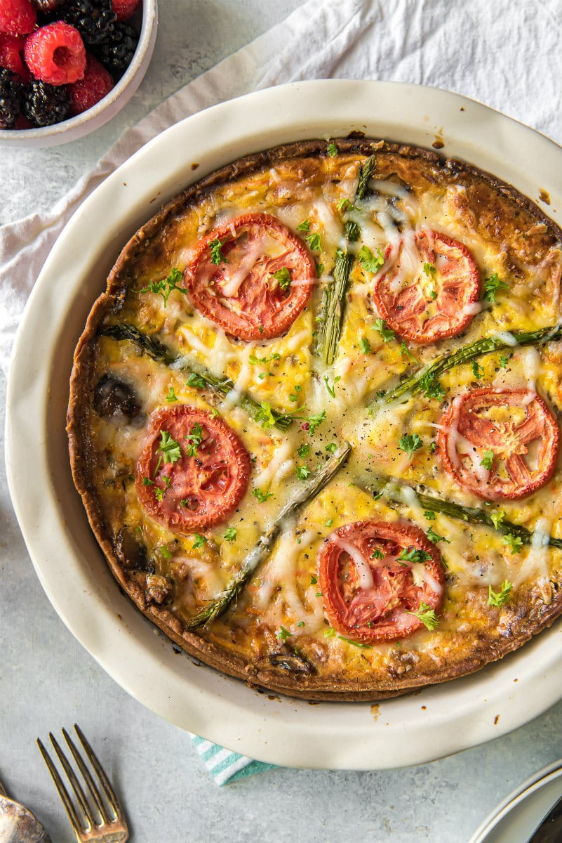 overhead shot of garden vegetable quiche