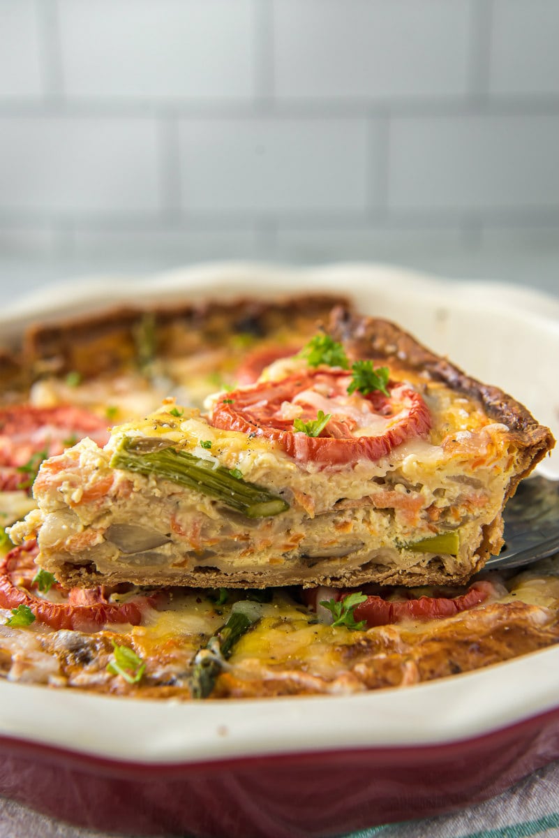 slicing garden vegetable quiche