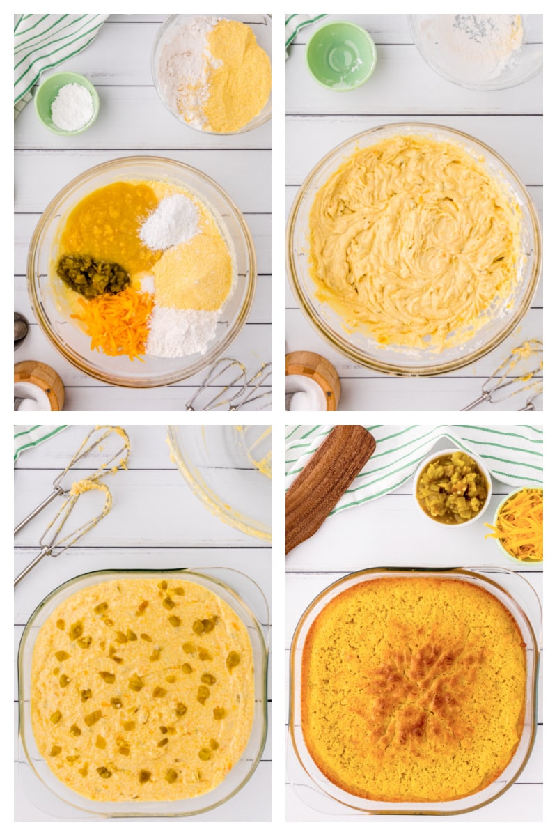 four photos showing how to make green chile cornbread