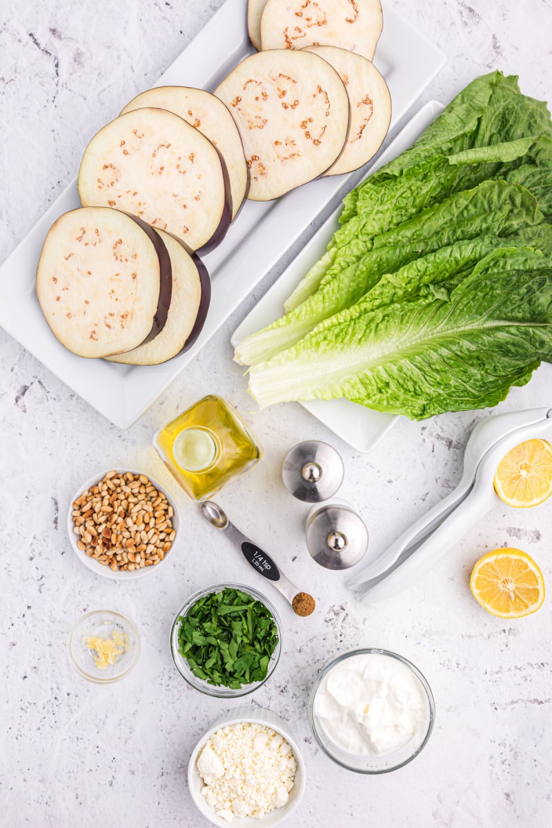 ingredients displayed for making grilled eggplant salad