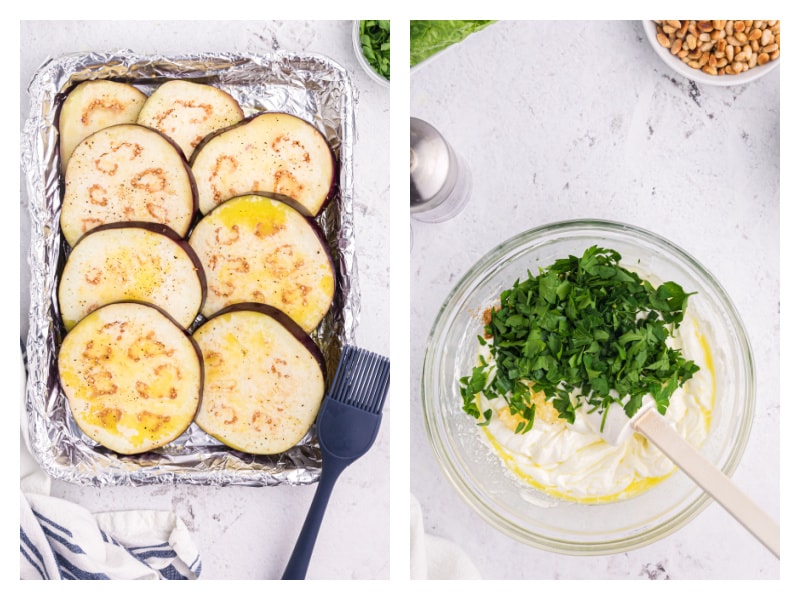 sliced eggplant on baking sheet and bowl of dressing ready to stir