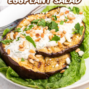 pinterest image for grilled eggplant salad