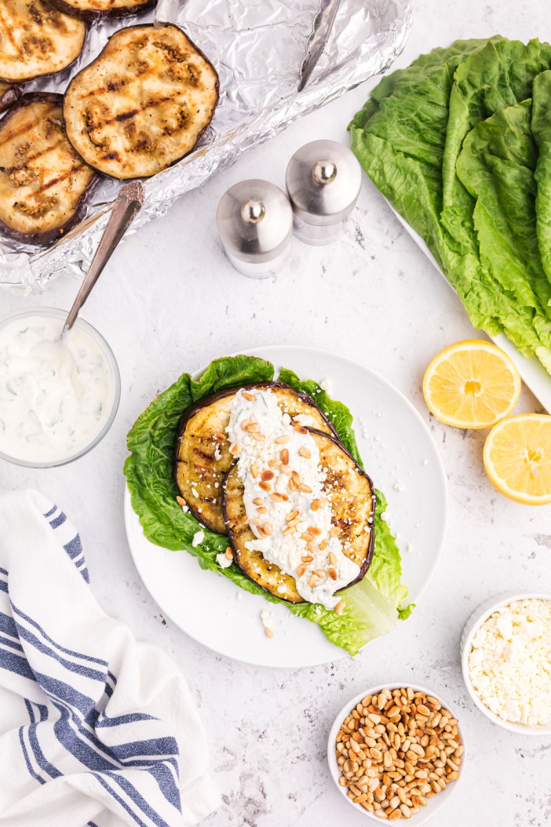 grilled eggplant salad on white plate