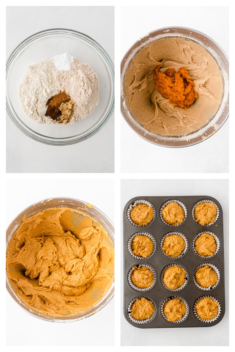 four photos showing how to make batter for pumpkin muffins