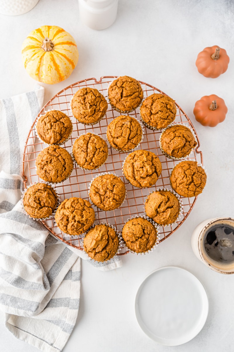 overhead shot of healthy pumpkin spice muffins on baking rack