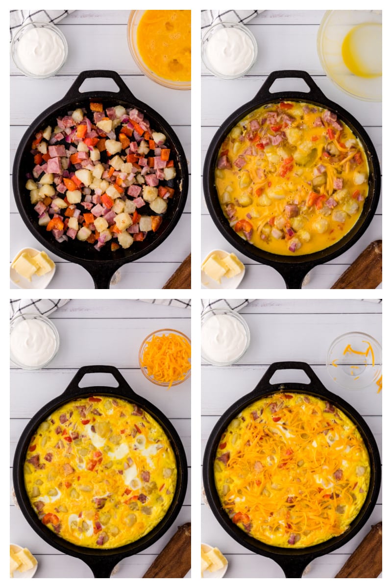 four photos showing how to make an o'brien frittata