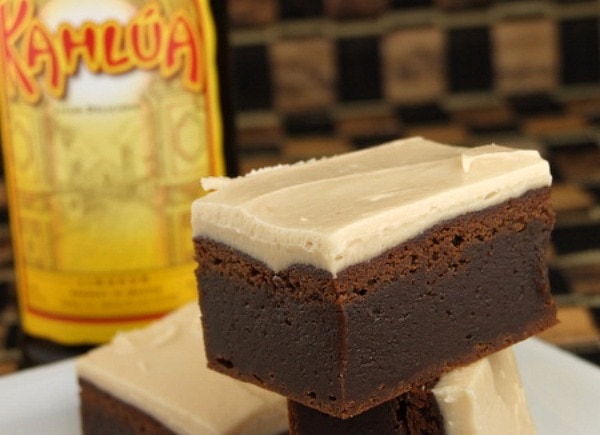 Kahlua Brownies with a bottle of Kahlua