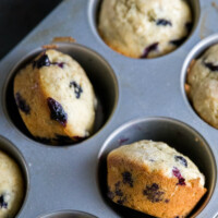 overhead shot of lemon blueberry muffins in a muffin pan