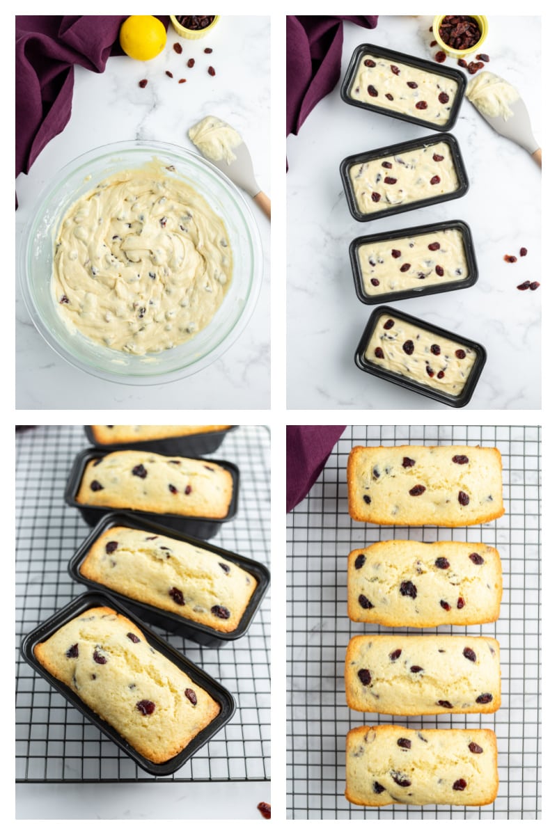four photos showing how to make lemon cranberry mini loaves