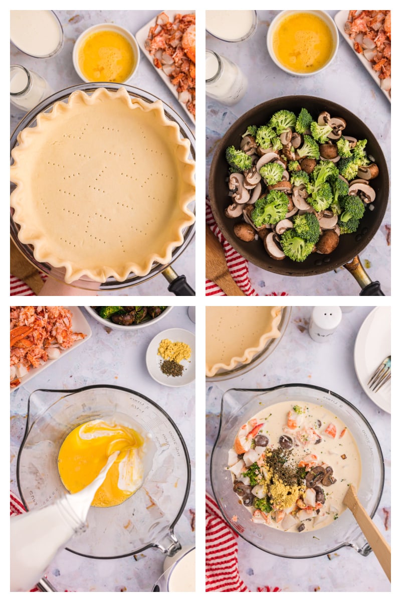 four photos showing how to make filling for lobster quiche