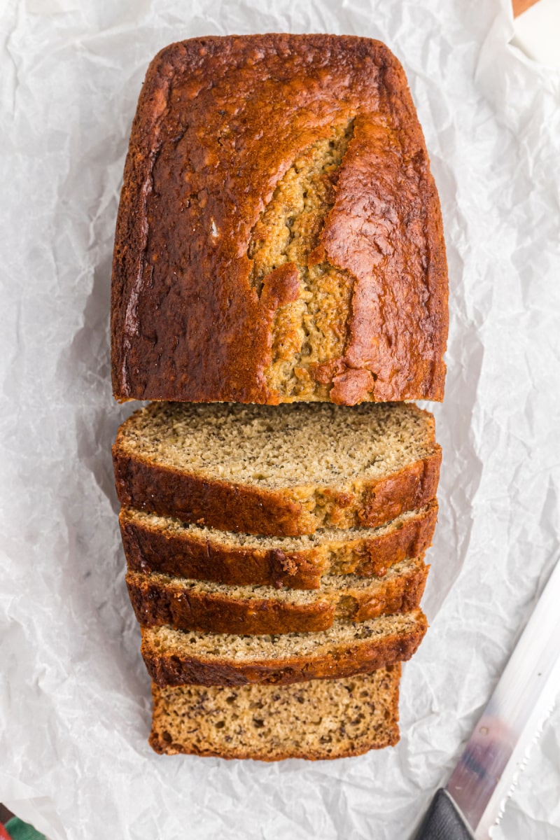 loaf of banana bread half sliced