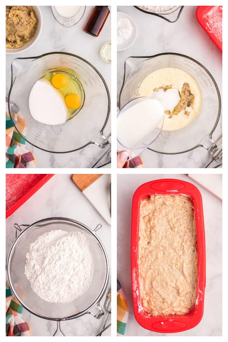 four photos showing how to make banana bread batter