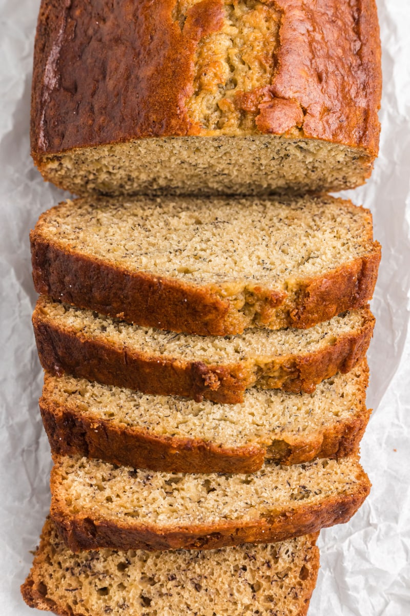 low fat banana bread loaf sliced