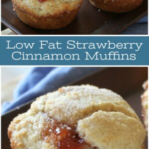 Pinterest collage image for low fat strawberry cinnamon muffins