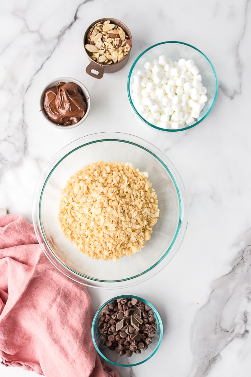 ingredients displayed for making no bake rocky road cookies