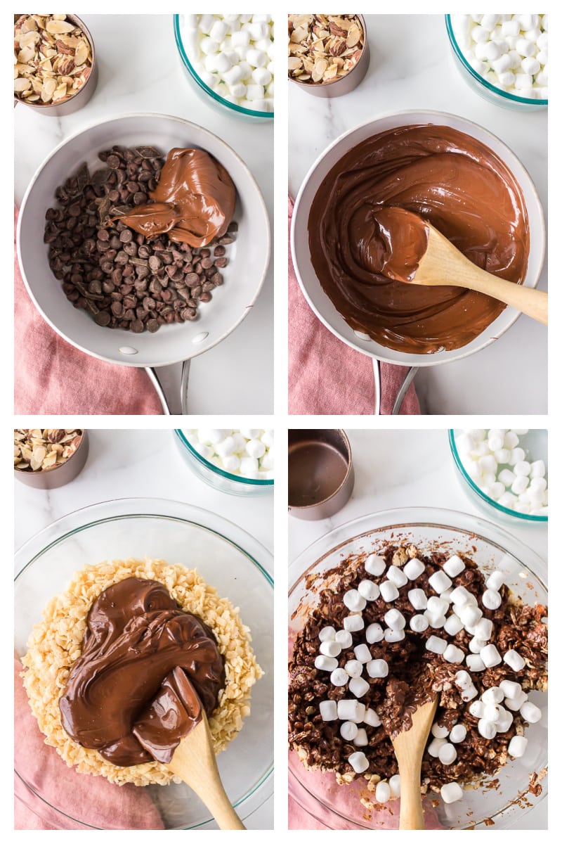 four photos showing how to mix and make no bake rocky road cookies