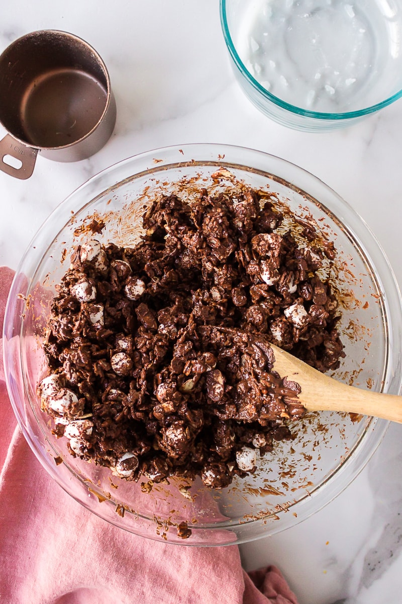 bowl of batter for making no bake rocky road cookies