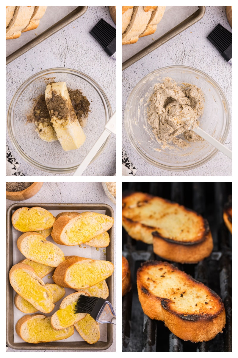 four photos showing how to make peppery grilled garlic bread