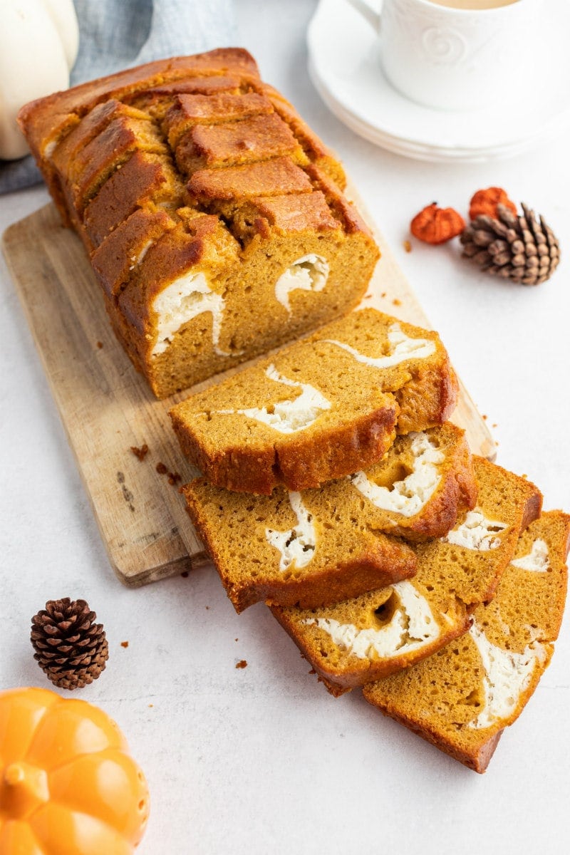 pumpkin cream cheese swirl bread sliced