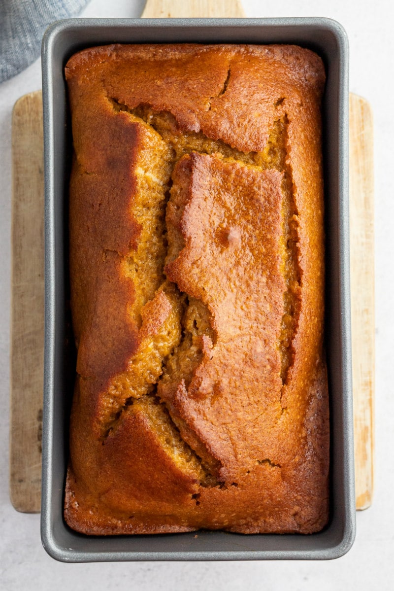 loaf of pumpkin bread in pan