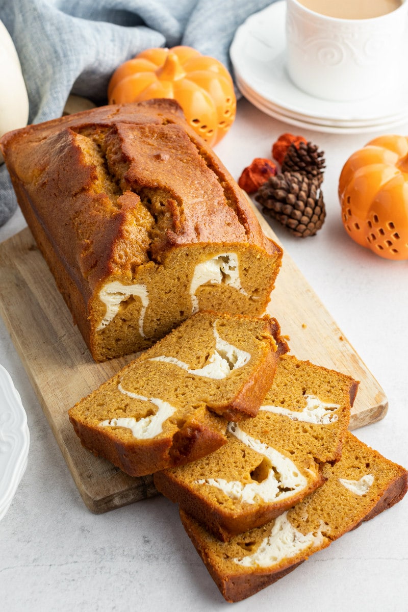 loaf of pumpkin cream cheese bread sliced