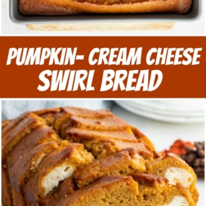 pinterest collage image for pumpkin cream cheese swirl bread