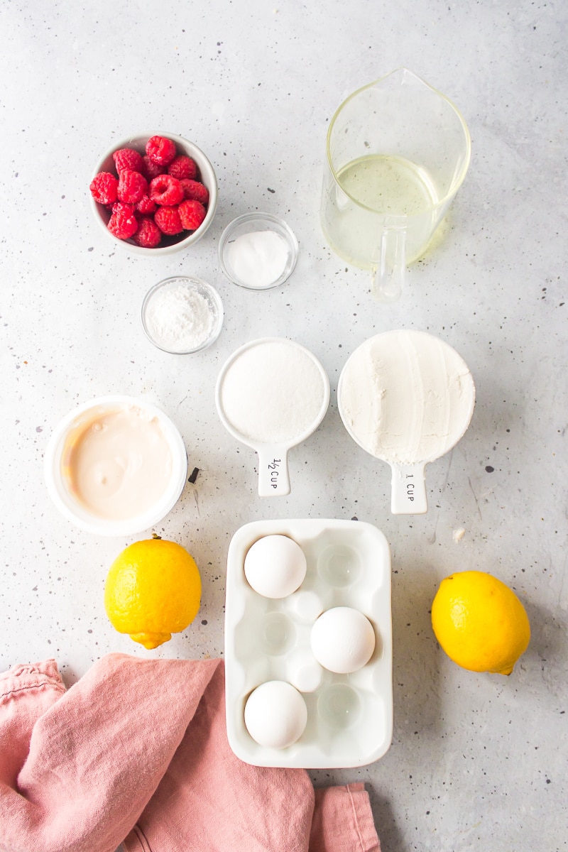 ingredients displayed for making raspberry lemon loaf