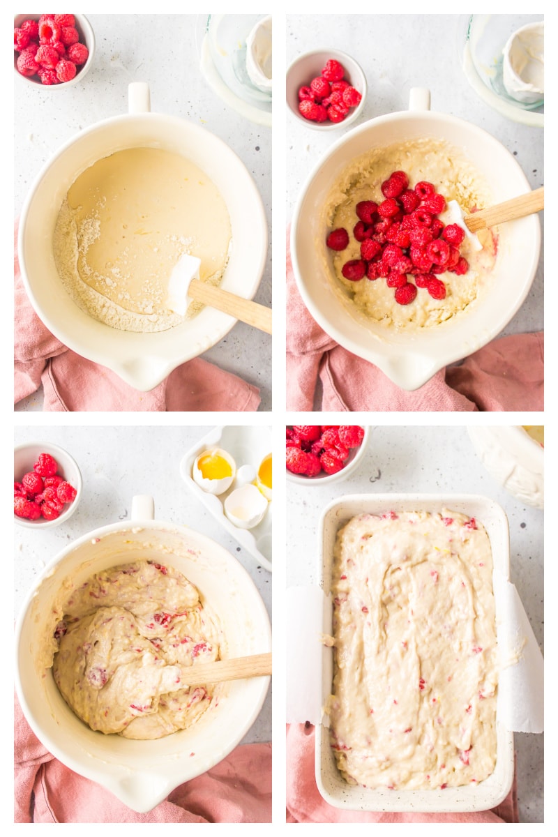 four photos showing how to make raspberry lemon loaf batter and add it to loaf pan