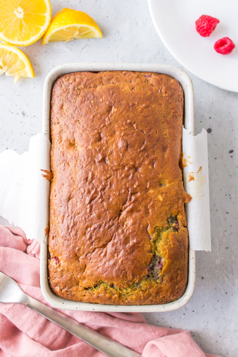 raspberry lemon loaf in the pan