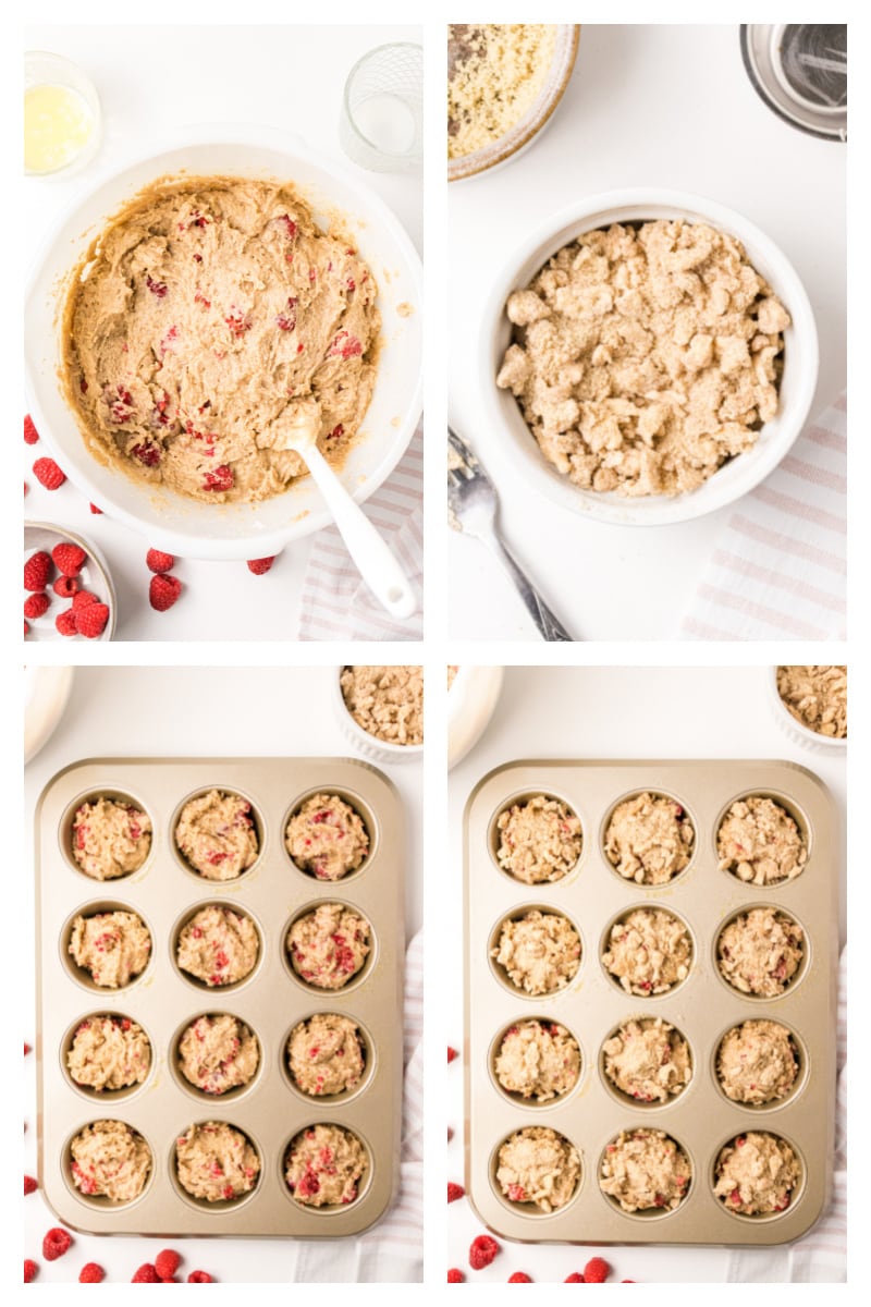 four photos showing how to make batter for raspberry muffins and adding to muffin pan