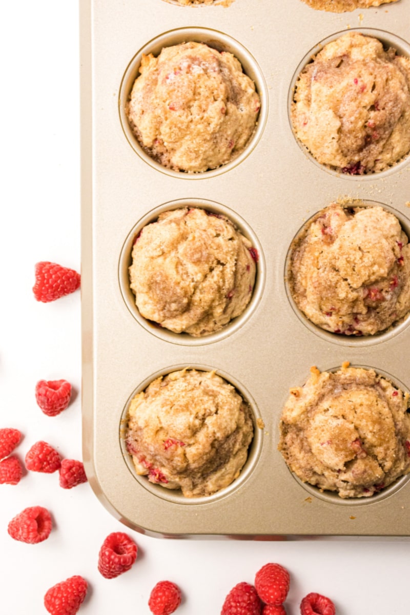raspberry muffins in baking pan