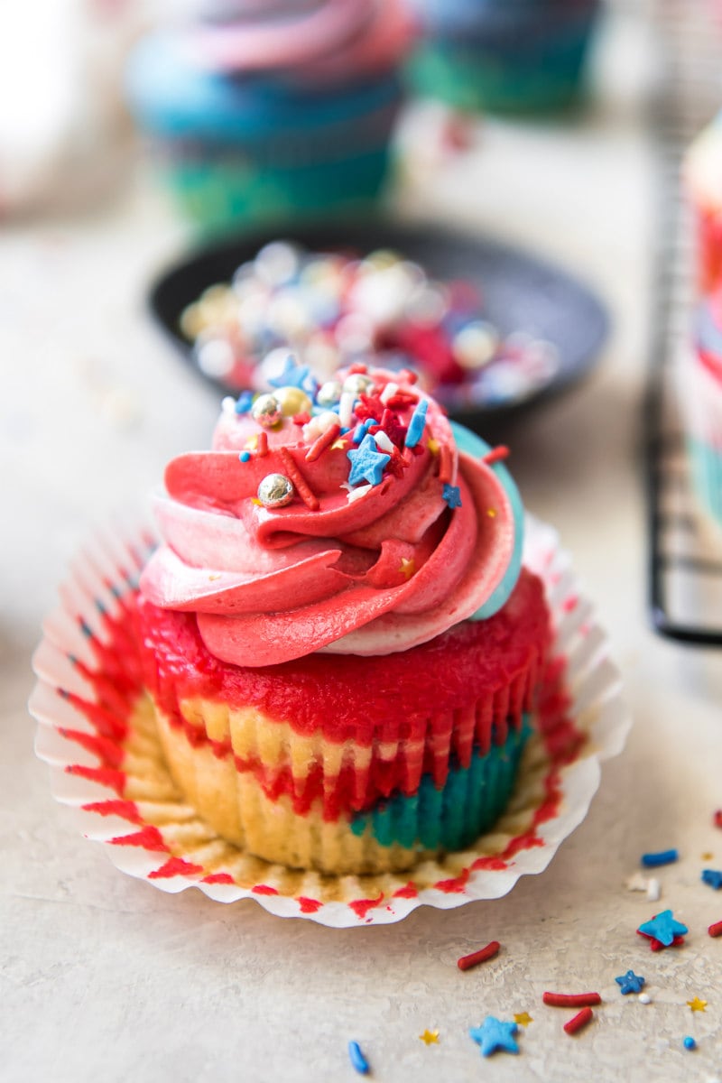 Red White and Blue Cupcakes with wrapper peeled back