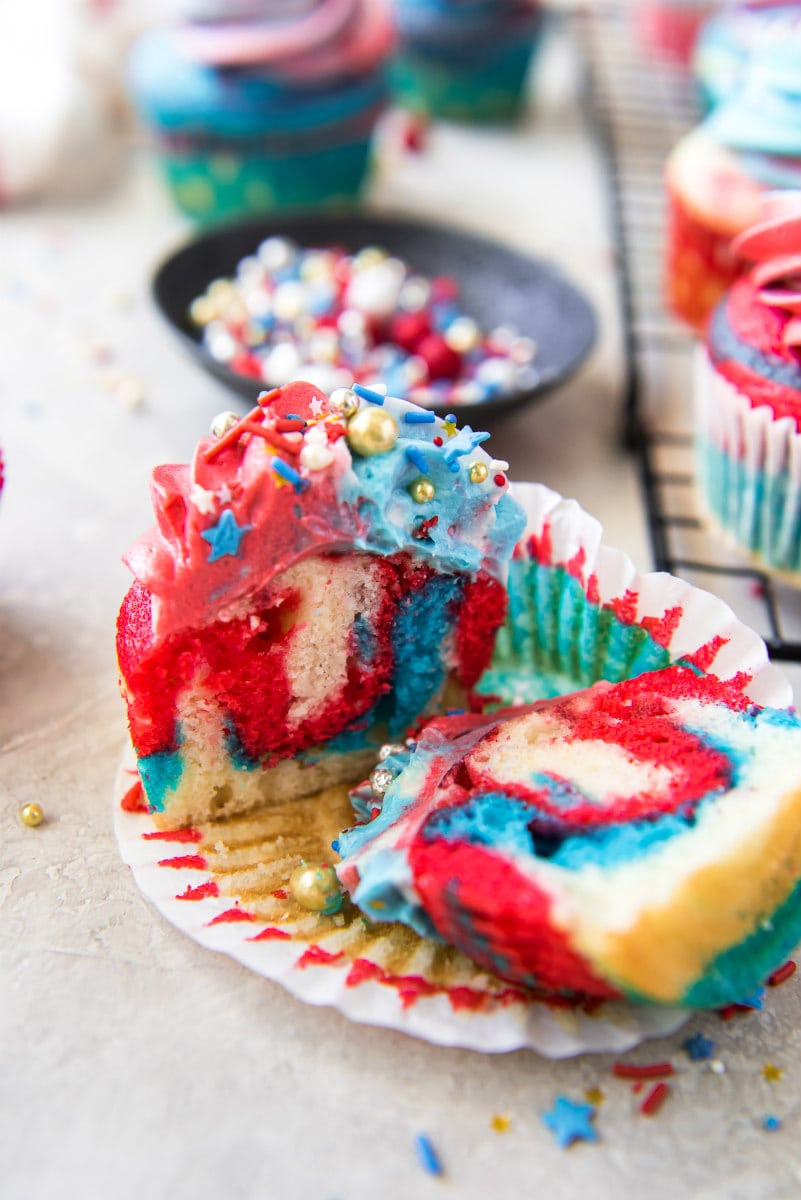 red white and blue cupcake cut in half to see the inside