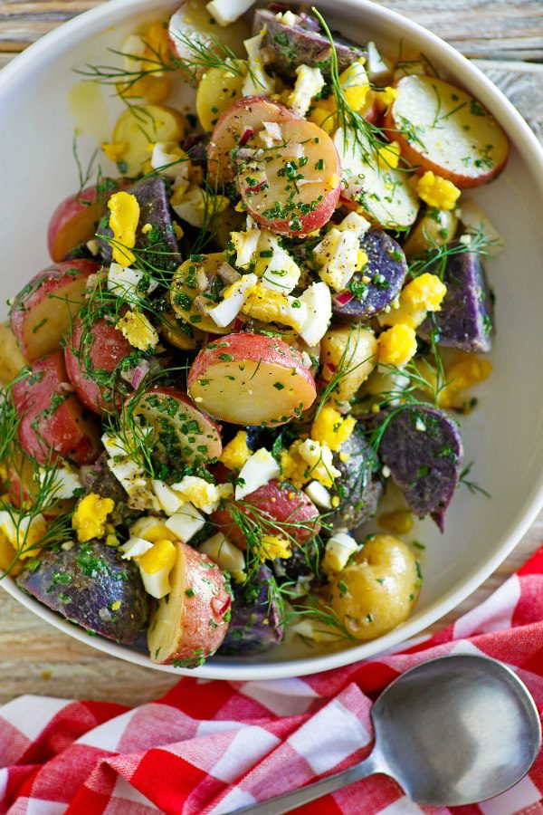 Vinegar based Red, White and Blue Potato Salad