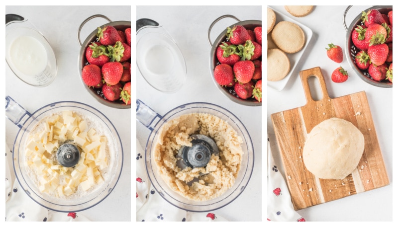 three photos showing process of making dough for galette in food processor