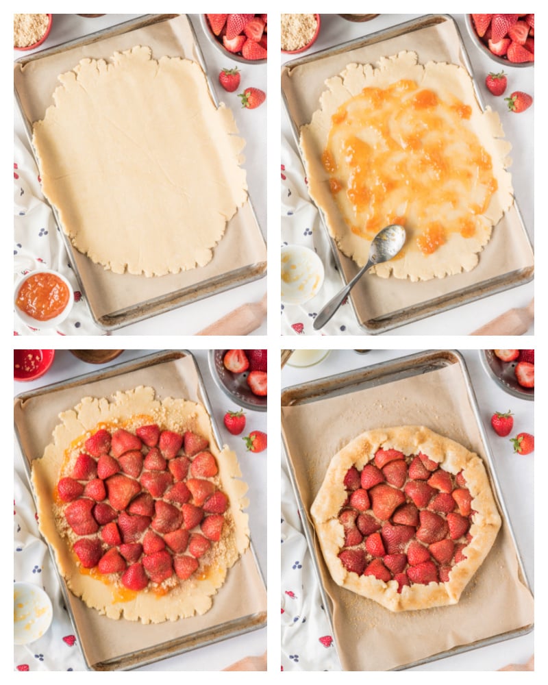 four photos showing process of assembling rustic strawberry galette