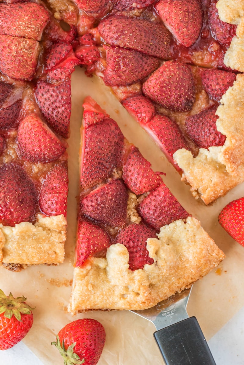 slice pulled from rustic strawberry galette