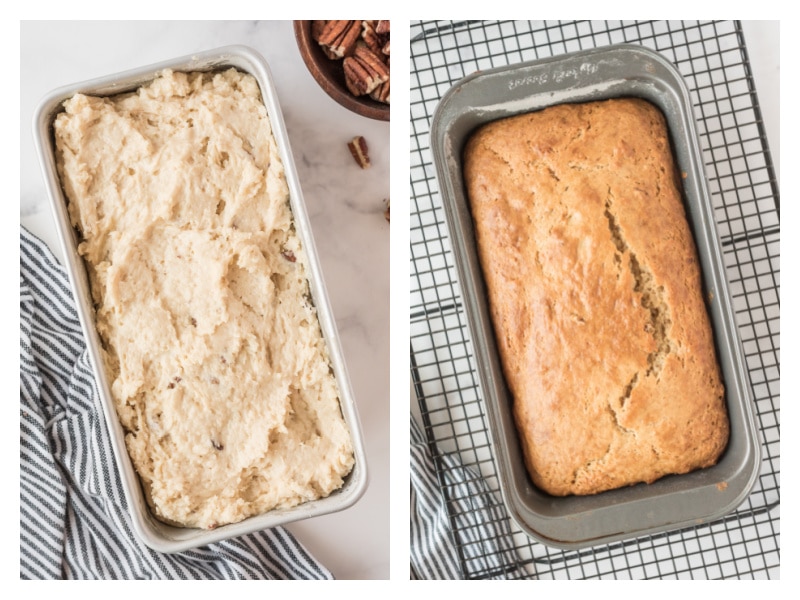 sour cream maple bread batter in pan and then photo with baked bread